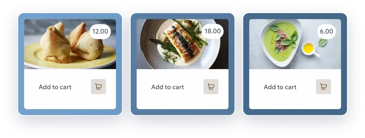 Presentazione del menu sotto forma di schede da aggiungere al carrello